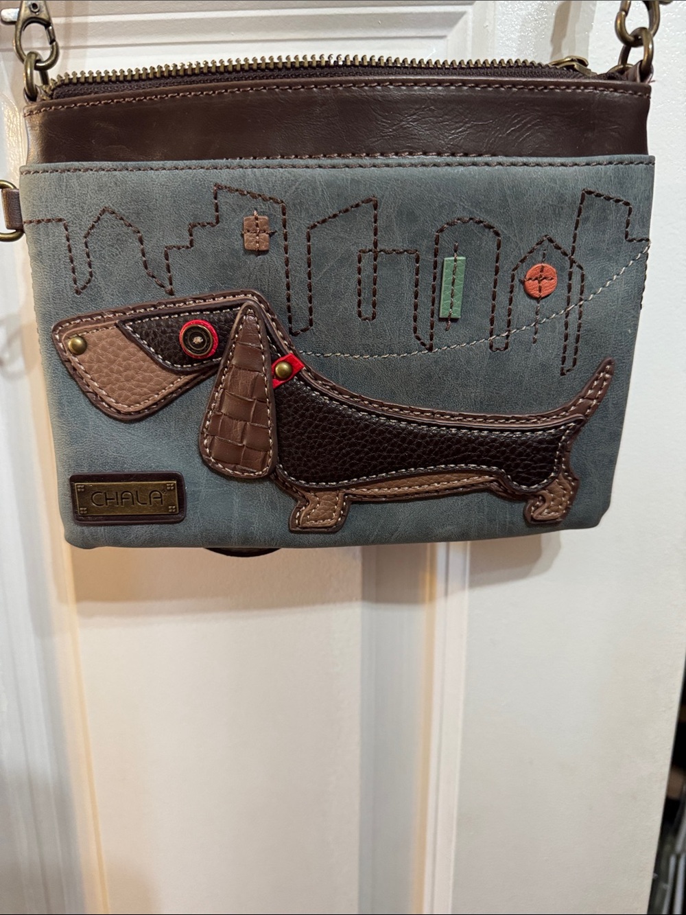 Chala Dachshund Appliqué Crossbody - Blue and Brown